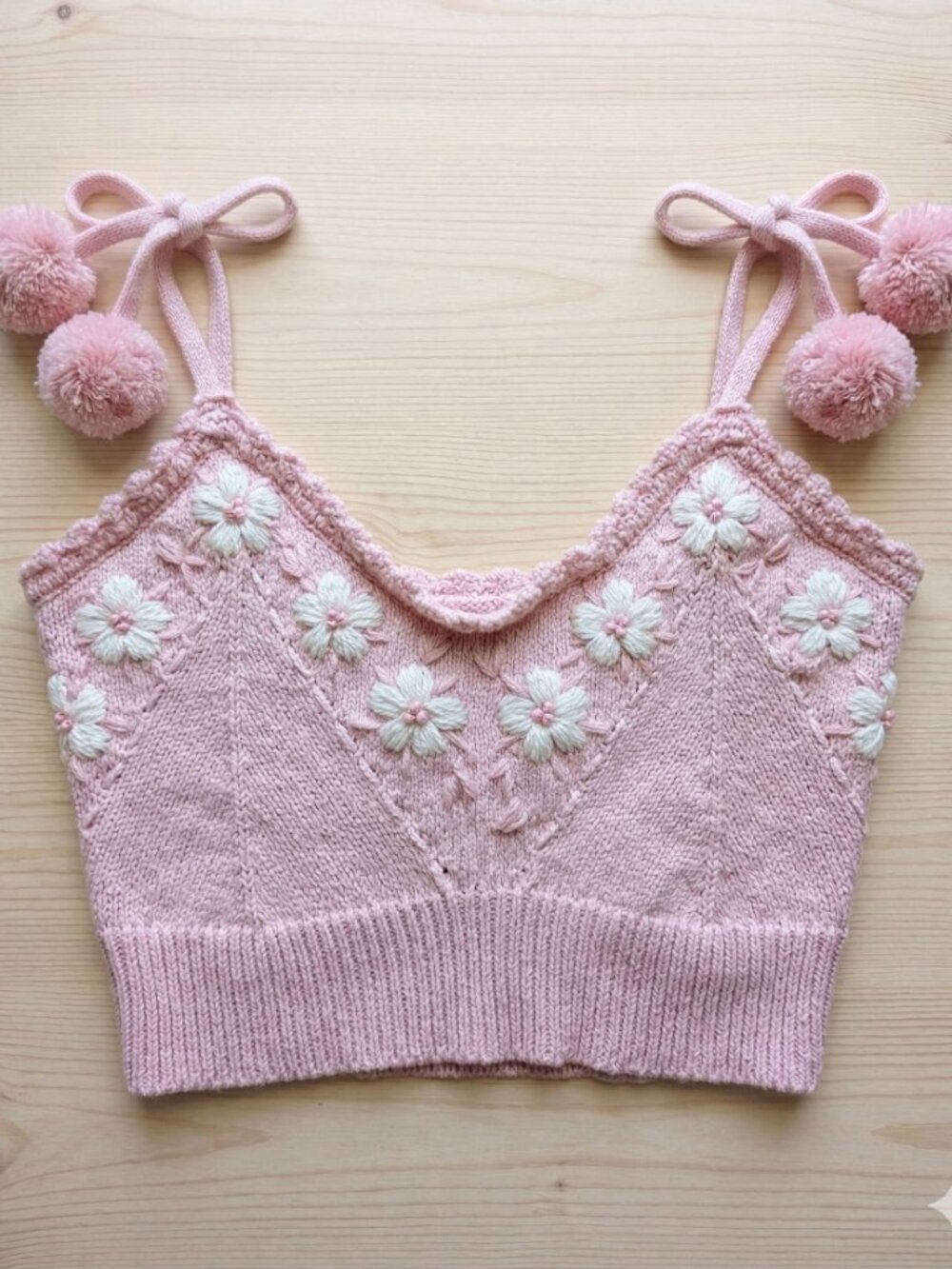 ⭐Cider Pink Knit Crop Top M Floral Embroidered Pom Pom Tie Strap Boho Coquet⭐